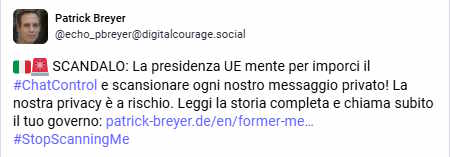 🇮🇹🚨 SCANDALO: La presidenza UE mente per imporci il #ChatControl e scansionare ogni nostro messaggio privato! La nostra privacy è a rischio.